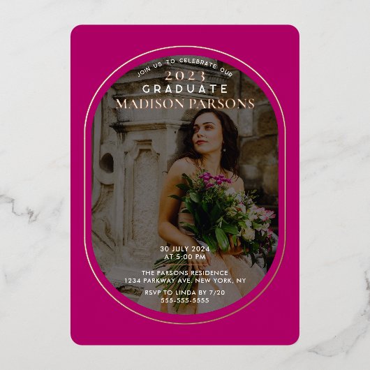 マゼンエレガントタ写真卒業 箔招待状 (正面)