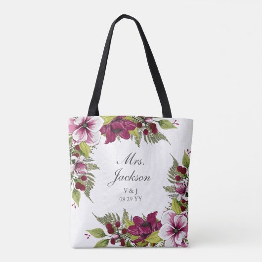 マゼンエレガントタ白色花模様とグリーンボタニカル トートバッグ (裏面)