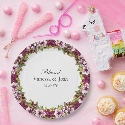 マゼンエレガントタ白色花模様とグリーンボタニカル ペーパープレート (パーティー)