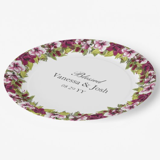 マゼンエレガントタ白色花模様とグリーンボタニカル ペーパープレート (アングル)