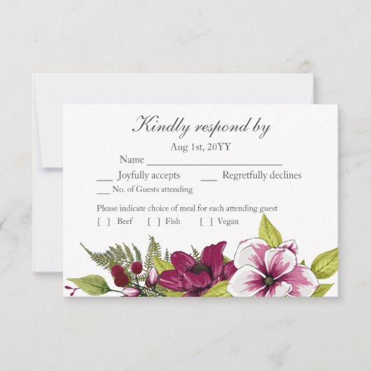 マゼンエレガントタ白色花模様とグリーンボタニカル 出欠カード (正面)