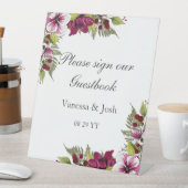 マゼンエレガントタ白色花模様とグリーンボタニカル 台座サイン (インサイチュ)