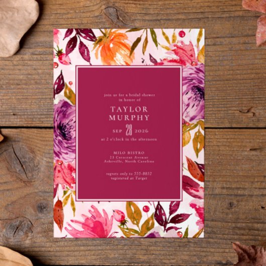 マゼンエレガントタ秋フローラブライダルシャワー 招待状