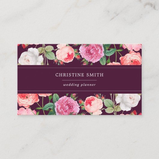 マゼンエレガントタ色の背景のヴィンテージバラフローラ 名刺 (正面)