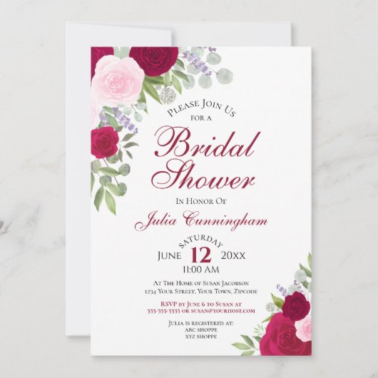 マゼンエレガントタ色フローラブライダルシャワー 招待状 (正面)