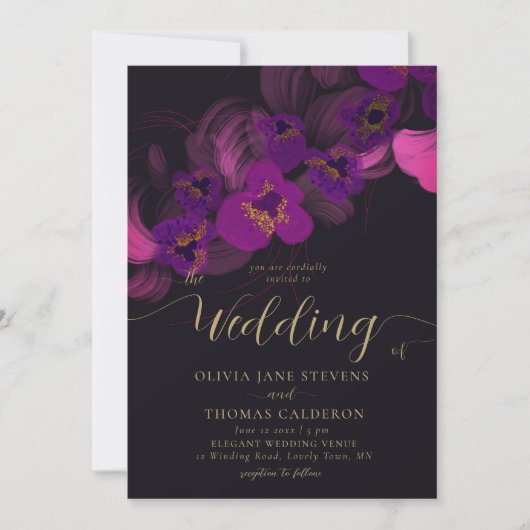 マゼンエレガントタ色ムーディパープルオーキッド結婚フローラ 招待状 (正面)