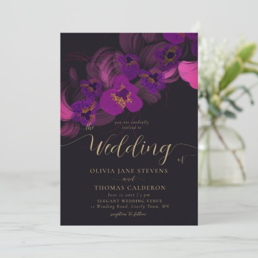 マゼンエレガントタ色ムーディパープルオーキッド結婚フローラ 招待状 (スタンド正面)