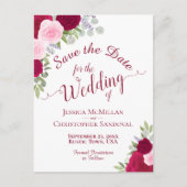 マゼンエレガントタ&ピンクのバラの結婚式の日付を保存 案内ポストカード (正面)