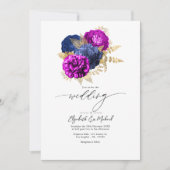 マゼンエレガントタ、海軍、および金ゴールドのフローラ結婚 招待状 (正面)