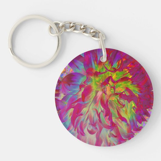 マゼンサイケデリックタおよびイエローダリアの花 キーホルダー (正面)