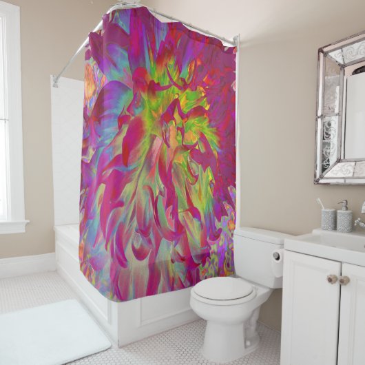 マゼンサイケデリックタおよびイエローダリアの花 シャワーカーテン (インサイチュ)