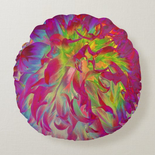 マゼンサイケデリックタおよびイエローダリアの花 ラウンドクッション (正面)