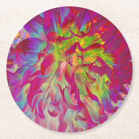 マゼンサイケデリックタおよびイエローダリアの花 ラウンドペーパーコースター (正面)