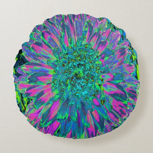 マゼンサイケデリックタ、アクア、ライムグリーンダリア ラウンドクッション (正面)