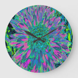 マゼンサイケデリックタ、アクア、ライムグリーンダリア ラージ壁時計
