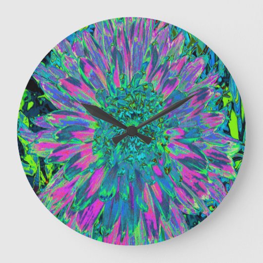 マゼンサイケデリックタ、アクア、ライムグリーンダリア ラージ壁時計 (正面)