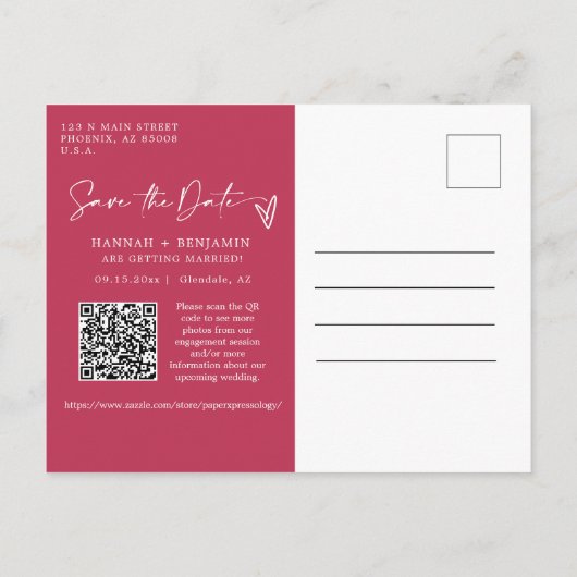 マゼンシンプルタエレガントンQRコード写真の日付の保存 ポストカード (裏面)