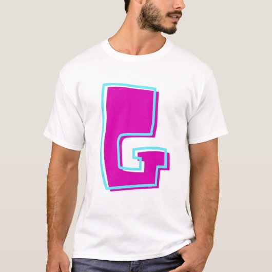 マゼンスタイリッシュタおよびティール(緑がかった色)文字G Tシャツ (正面)