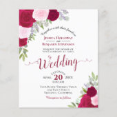 マゼンタおよびピンクのフローラ予算結婚式招待状 (正面)