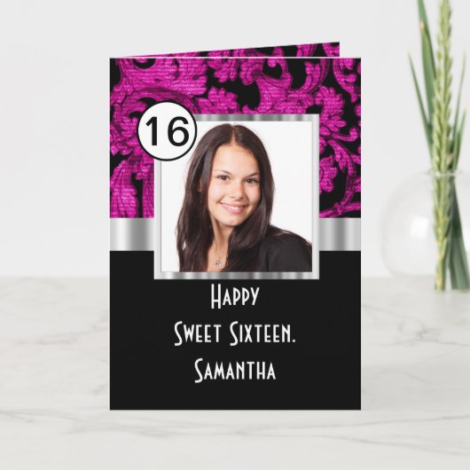 マゼンタおよびブラックのダマスクsweet sixteen サンキューカード (正面)