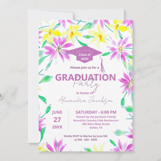 マゼンタとイエローの水彩の花のグラデーション 招待状 (正面)