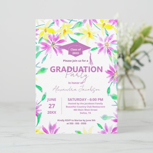 マゼンタとイエローの水彩の花のグラデーション 招待状 (スタンド正面)