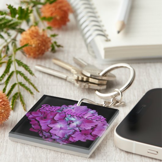 マゼンタとティール(緑がかった色)のアジサイ最高のズの叔母は常に キーホルダー (正面右)