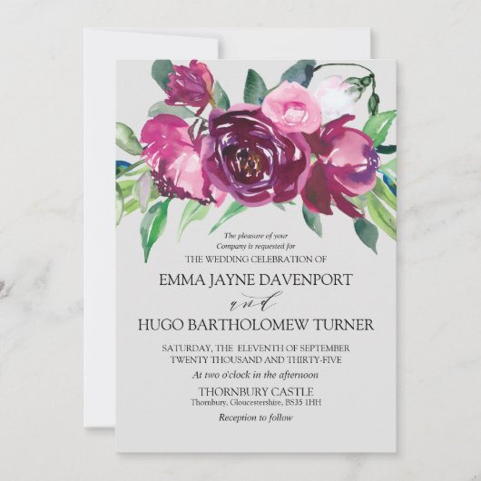 マゼンタとピンクのフローラドーブグ結婚レーズ 招待状 (正面)