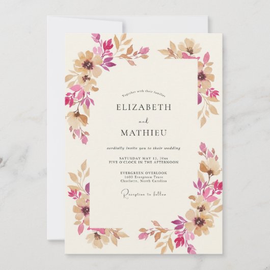 マゼンタとベージュのリースの結婚式 招待状 (正面)