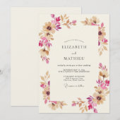 マゼンタとベージュのリースの結婚式 招待状 (正面/裏面)
