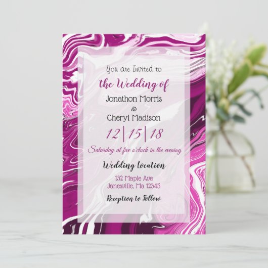 マゼンタとホワイトの流体アート ウェディング 招待状 (スタンド正面)