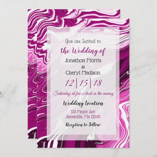マゼンタとホワイトの流体アート ウェディング 招待状 (正面/裏面)