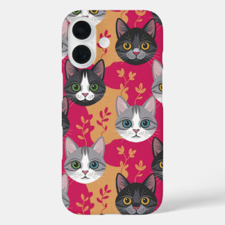 マゼンタと植物の葉の子猫 iPhone 16ケース