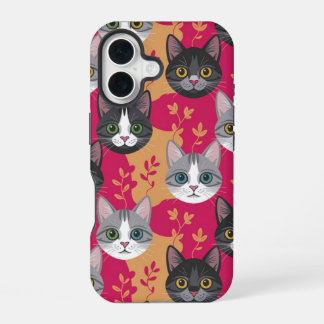 マゼンタと植物の葉の子猫 iPhone 16ケース