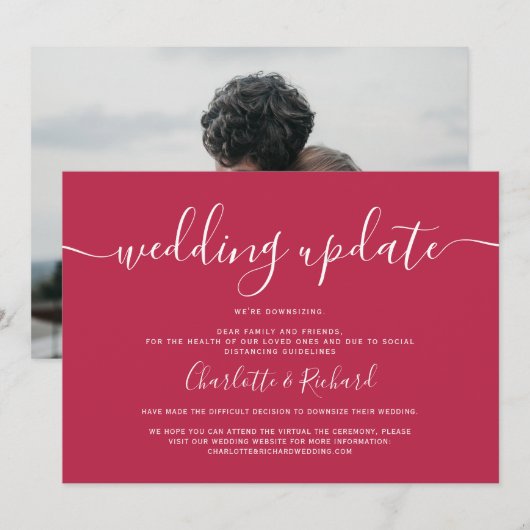 マゼンタと白のウェディング ダウンサイズ フォト 案内状 (正面/裏面)