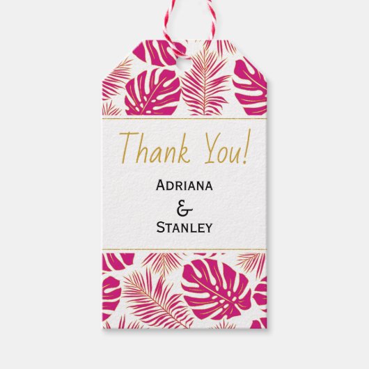マゼンタと金ゴールドのトロピカル葉サンキュー結婚ズ ギフトタグ (正面)
