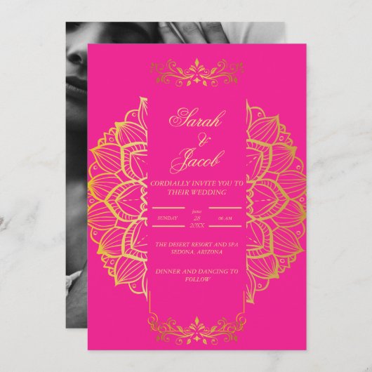 マゼンタと金ゴールドを強結婚化する 招待状 (正面/裏面)
