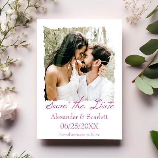 マゼンタのギザギザフレーム写真 Save The Date 案内状