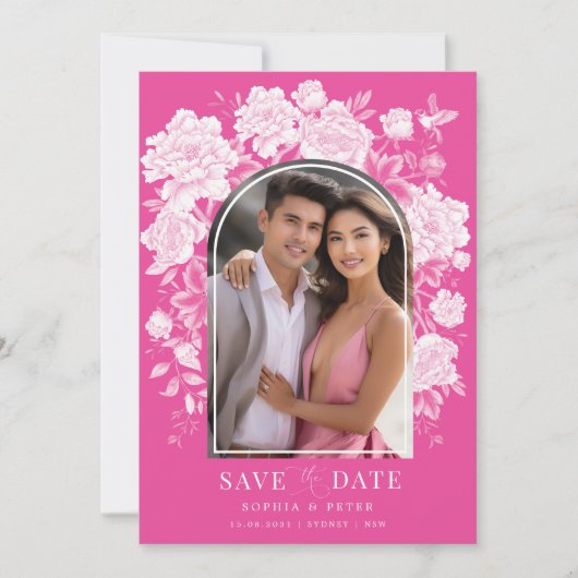 マゼンタのフローラチャイノエリー結婚式の日付の保存 招待状 (正面)