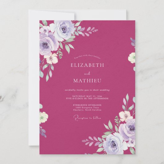 マゼンタのライラックの葉の優しいユーカリの結婚式 招待状 (正面)