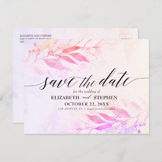 マゼンタの水葉色の結婚式日付の保存 ポストカード (正面/裏面)