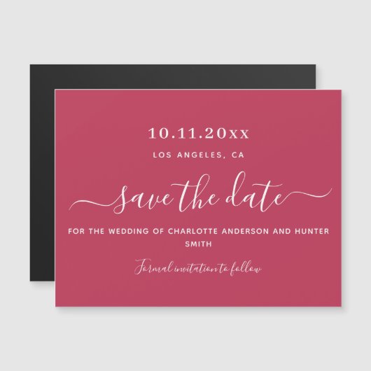 マゼンタの白い結婚式は日付マグネットを保存する マグネット招待状 (正面/裏面)