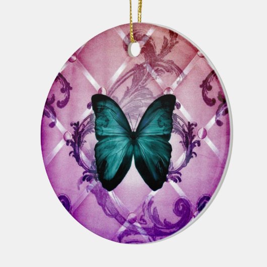 マゼンタの紫色はボヘミアのティール（緑がかった色）の蝶渦巻きます セラミックオーナメント (左)