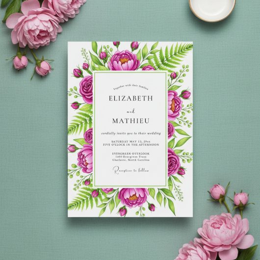 マゼンタの花のロマンティックウエディング 招待状