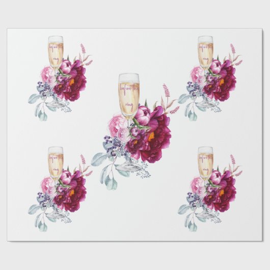 マゼンタの花柄のシャンパンカラー、結婚指輪を交換する前のウェディング ラッピングペーパー (フラット)