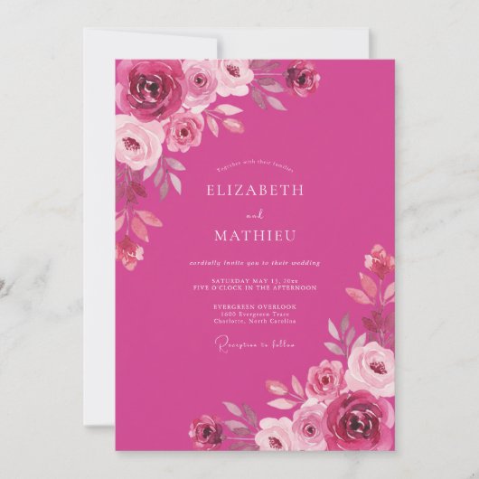 マゼンタの華やかなバラのロマンティックな結婚式 招待状 (正面)