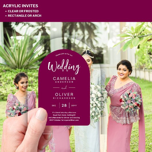 マゼンタアクリル系結婚式が白文字を招モダンく アクリル招待状