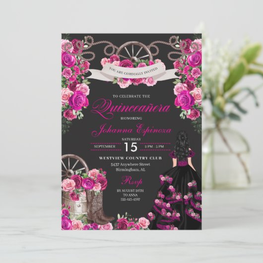 マゼンタアンドブラック女性のカーボーイウェスタンキンセアニェラ 招待状 (スタンド正面)