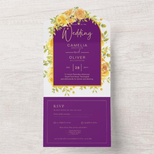 マゼンタイエローローズプラムパープル結婚金ゴールド オールインワン招待状 (内側)