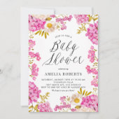 マゼンタウォーターカラーアジサイフローラベビーシャワー 招待状 (正面)